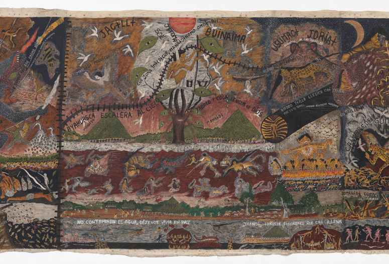 Santiago Yahuarcani. Cosmovisión Huitoto. 2022. PVA on pieced llanchama bark, overall (irreg.): 84 1/2 × 160 1/2" (214.6 × 407.7 cm). Acquired through the generosity of the Latin American and Caribbean Fund and Colección Hochschild Correa. © 2024 Santiago Yahuarcani