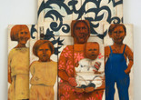 Marisol (Marisol Escobar). The Family. 1962. Paint and graphite on wood, sneakers, tinted plaster, door knob and plate, three sections. The Museum of Modern Art, New York. Advisory Committee Fund. © 2024 Marisol