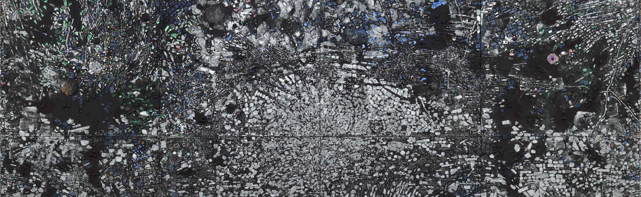 Jack Whitten. Atopolis: For Édouard Glissant. 2014. Acrylic on canvas, eight panels, overall 124 1/2 × 248 1/2″ (316.2 × 631.2 cm). The Museum of Modern Art, New York. Acquired through the generosity of Sid R. Bass, Lonti Ebers, Agnes Gund, Henry and Marie-Josée Kravis, Jerry Speyer and Katherine Farley, and Daniel and Brett Sundheim