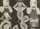Claude Cahun. M.R.M (Sex). c. 1929–30. Gelatin silver print. The Museum of Modern Art, New York. Gift of Helen Kornblum in honor of Roxana MarcociImage description: Black-and-white collaged photomontage of fragmented body parts from self-portraits of the artist, a white Jewish person. Lips, hands, heads, arms folded to cover their ears, and masculine and feminine faces are positioned in various orientations, covering the black background in three columns. The top left corner has a hand written message in French: “Ici le bourreau prend des ains de victime. Mais tu sais à quoi t’en tenir. Claude,” which roughly translates to “Here the executioner takes on the airs of a victim. But you know what to believe. Claude.”