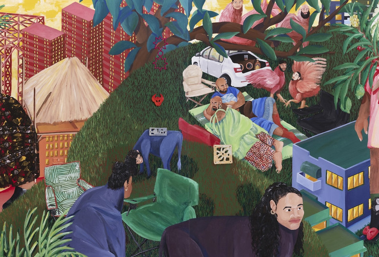 Devin Osorio. Entre dos islas y muchas aguas. 2023. Acrylic on canvas, hand-embroidered ribbon, and hand-sewn ceramic motifs. Courtesy of the artist