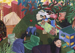 Devin Osorio. Entre dos islas y muchas aguas. 2023. Acrylic on canvas, hand-embroidered ribbon, and hand-sewn ceramic motifs. Courtesy of the artist