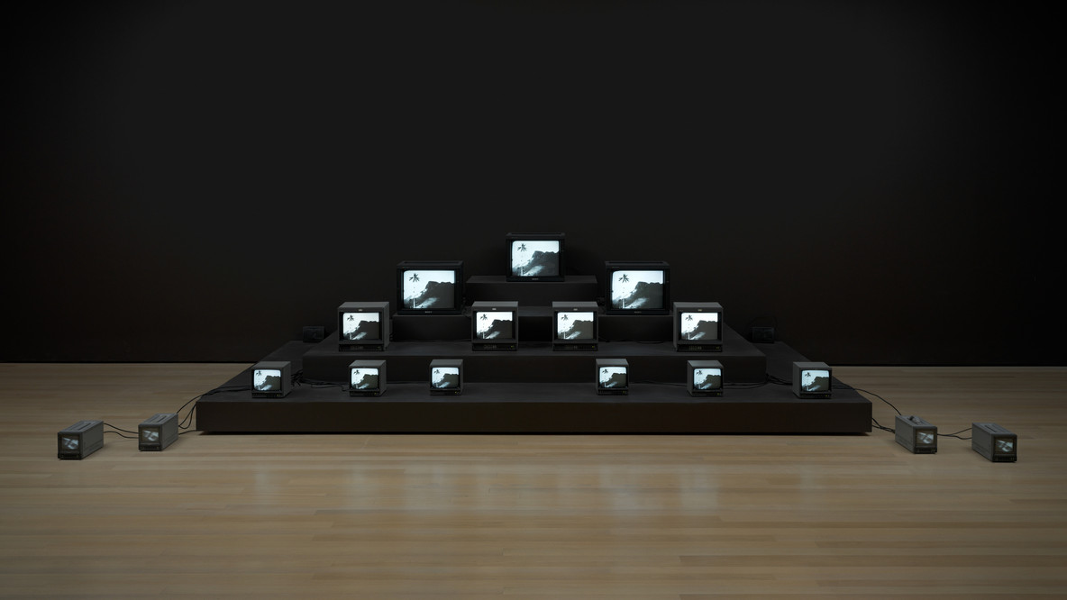 José Alejandro Restrepo. Paso del Quindío I (Quindío Pass I). 1992. Three-channel standard-definition video (black and white, sound) on seventeen cathode-ray-tube monitors, 29:28 min. Gift of Patricia Phelps de Cisneros through the Latin American and Caribbean Fund. © 2024 José Alejandro Restrepo