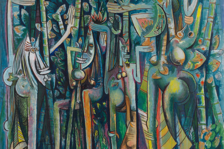 Wifredo Lam. The Jungle. 1942–43. Oil on paper on canvas, 94 1/4 × 90 1/2&#34; (239.4 × 229.9 cm). The Museum of Modern Art, New York. Inter-American Fund. © 2025 Artists Rights Society (ARS), New York/ADAGP, Paris