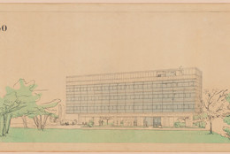 Le Corbusier (Charles-Édouard Jeanneret), Pierre Jeanneret. Swiss Pavilion, Cité internationale universitaire de Paris, Paris, France, Side elevation. 1932. Airbrush on lithograph, 16 × 36 7/8&#34; (40.6 × 93.7 cm). The Museum of Modern Art, New York. Purchase. © 2025 Artists Rights Society (ARS), New York/ADAGP, Paris/FLC