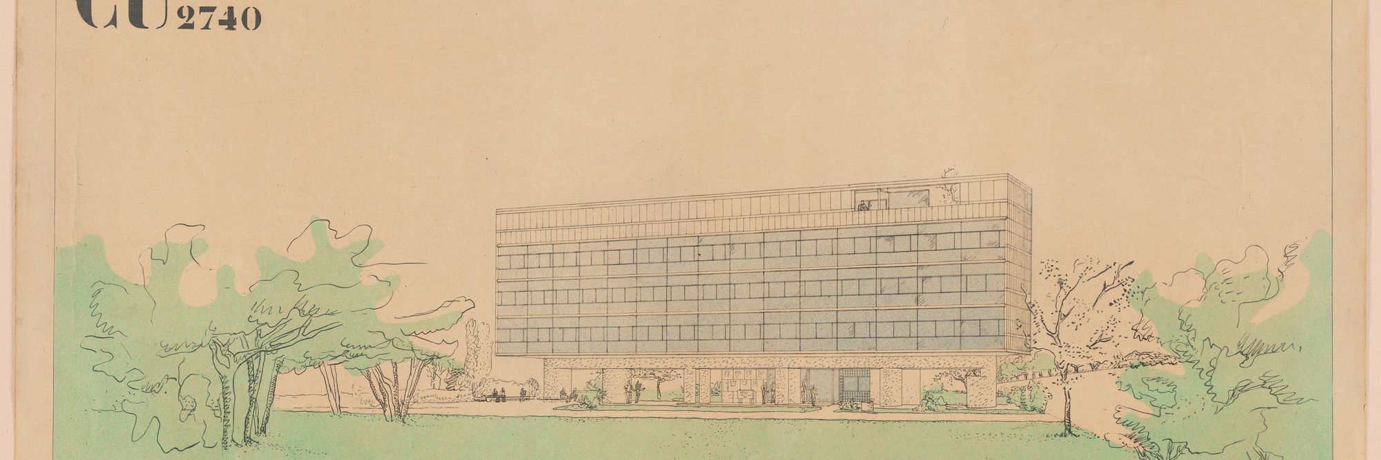 Le Corbusier (Charles-Édouard Jeanneret), Pierre Jeanneret. Swiss Pavilion, Cité internationale universitaire de Paris, Paris, France, Side elevation. 1932. Airbrush on lithograph, 16 × 36 7/8&#34; (40.6 × 93.7 cm). The Museum of Modern Art, New York. Purchase. © 2025 Artists Rights Society (ARS), New York/ADAGP, Paris/FLC