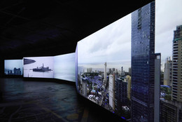 CAMP. Bombay Tilts Down. 2022. Loop, 6+1 screen environment from single-point CCTV video, 13 min. Installation view, Sassoon Docks, Mumbai, 2024. Image courtesy the artists