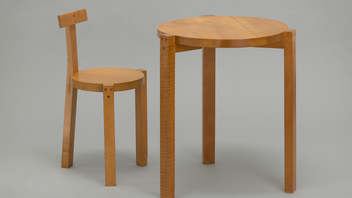 Lina Bo Bardi, Marcelo Ferraz, Marcelo Suzuki. &#34;Giraffe&#34; chair and table. c. 1986. Grumichama wood, .1 table: 29 1/2 × 23 5/8&#34; (75 × 60 cm) .2 chair: 30 5/16 × 15 3/4&#34; (77 × 40 cm). Committee on Architecture and Design Funds