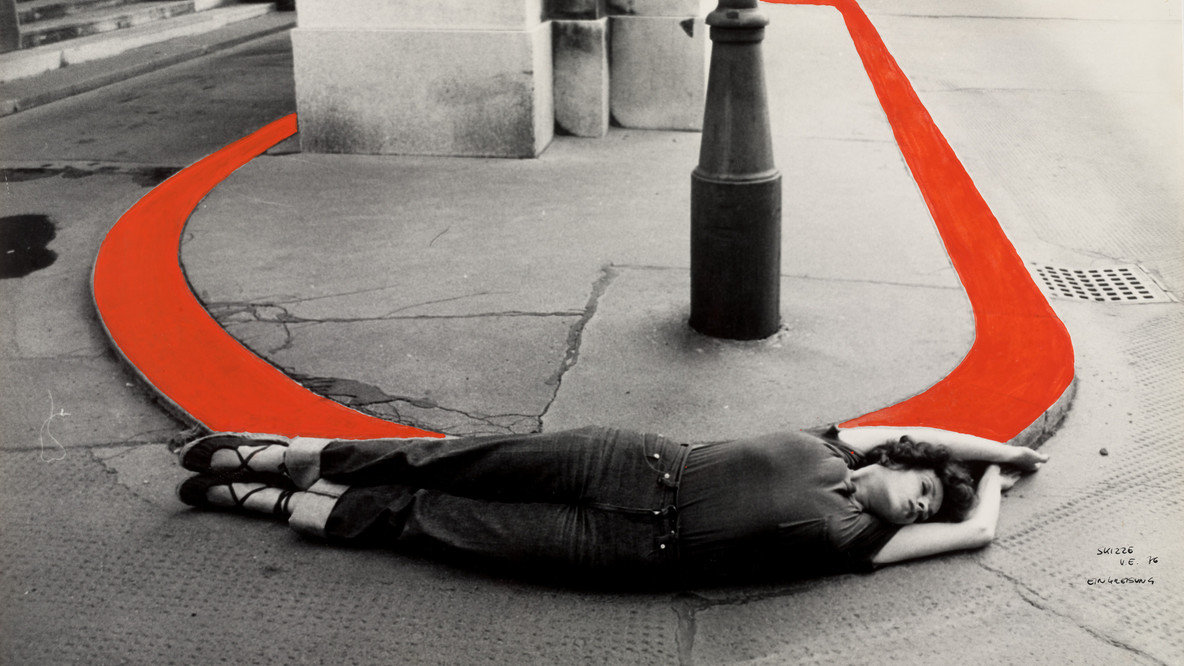 VALIE EXPORT. Encirclement from the series Body Configurations. 1976. Gelatin silver print with red ink, 14 × 23 7/16&#34; (35.5 × 59.6 cm). Carl Jacobs Fund. © 2025 VALIE EXPORT / Artists Rights Society (ARS), New York / VBK, Austria