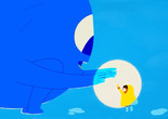 Luce and the Rock. 2022. Belgium/France/Netherlands. Directed by Britt Raes. Image courtesy Britt RaesImage description: A little girl wearing all yellow holds up a light stick for a large, blue, round rock being to see.