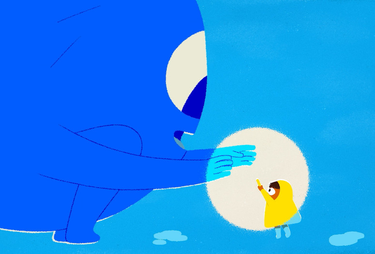 Luce and the Rock. 2022. Belgium/France/Netherlands. Directed by Britt Raes. Image courtesy Britt RaesImage description: A little girl wearing all yellow holds up a light stick for a large, blue, round rock being to see.