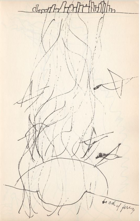Lenore Tawney. Sketch from the back of the Staten Island ferry looking toward the Manhattan skyline. 1957. Artist notebook with ink on paper
