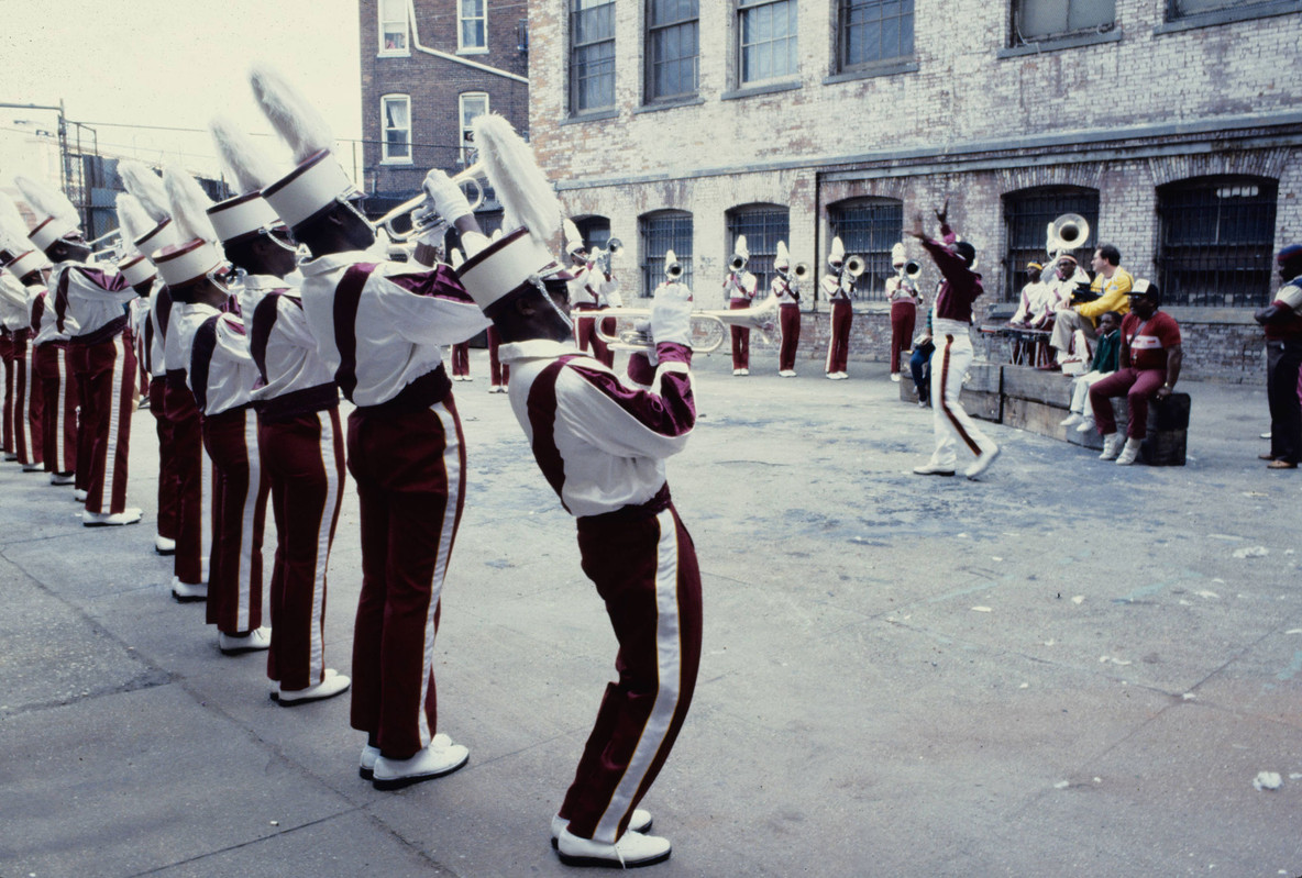 The Warriors Drum and Bugle Corps perform as part of Dance and Popular Culture, P.S.1, May 5–Jun 23, 1985
