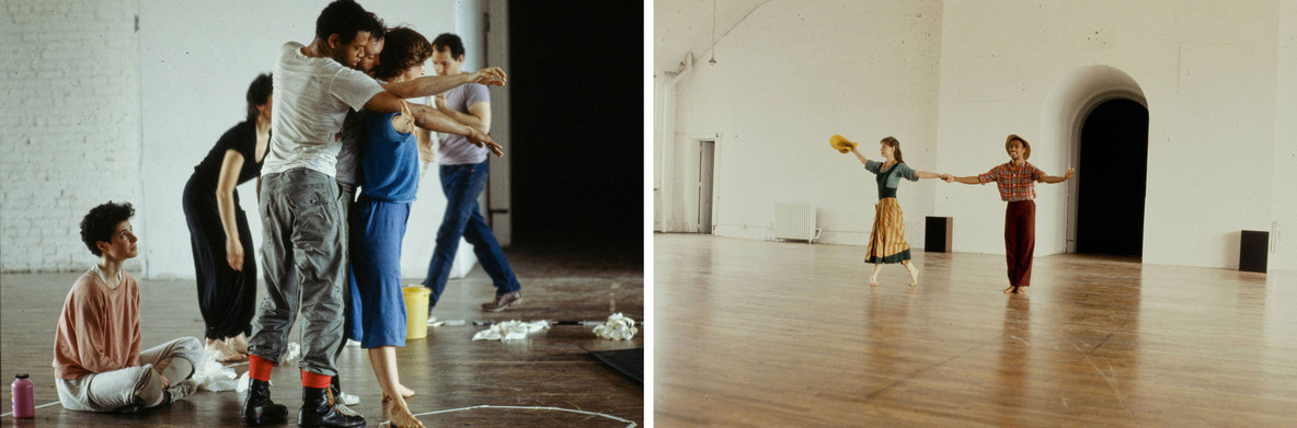From left: Improvisational gala with Ishmael Houston-Jones, Power Boothe, Remy Charlip, Daniel McCusker, Lisa Nelson, Mary Overlie, Wendy Perron, and Barry Ledoux, part of Dance Environments, P.S.1, June 4, 1983; Viveca Vázquez’s Mascando Ingles (1984), performed at P.S.1 on May 12 and 13, 1984, as part of Frontline: Dance and Social Commentary