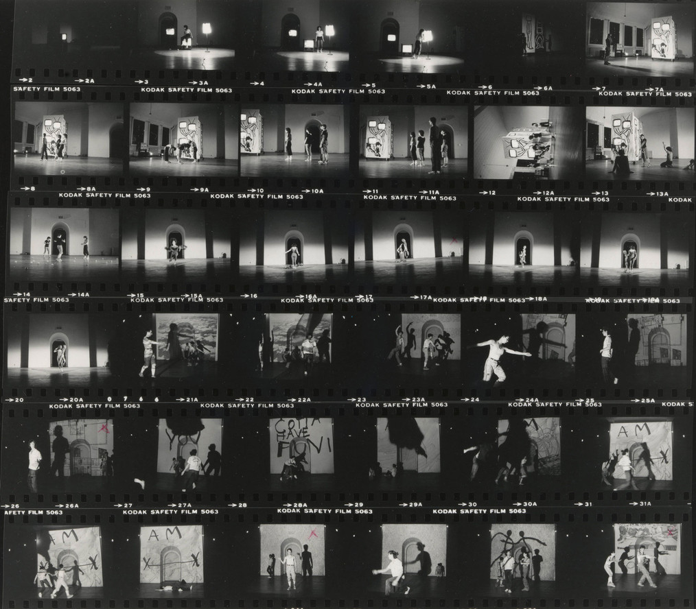 A contact sheet of performance images Risa Jaroslow with Jon Burris and Catherine Weis,”Guerrilla War” and “Shuttle”; Elizabeth Strebs with Danita Gilter “Space Object”; and John Bernd with Beth Lapides “Little America”, Dance Environments, 1983. Photo: Andrew MooreMoMA PS1 Archives, II.A.101. The Museum of Modern Art Archives, New York