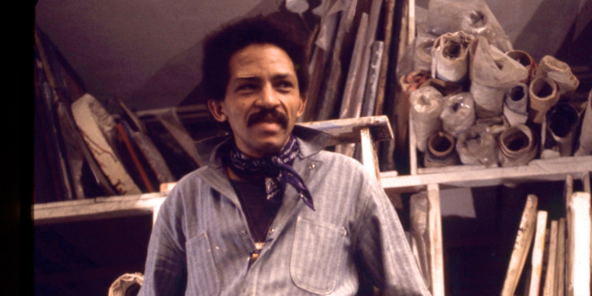 Portrait of Jack Whitten with Pink Psyche Queen (1973), c. 1975. © Jack Whitten Estate. Courtesy the Estate and Hauser & Wirth