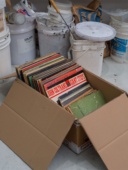 Box of records from Whitten’s personal collection in his Queens studio, 2024