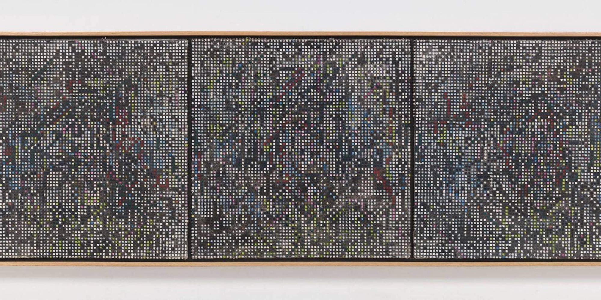 Jack Whitten. Norman Lewis Triptych I. 1985. Acrylic and oil on canvas, 27 × 80 1/4" (68.6 × 203.8 cm); frame: 28 1/16 × 81 1/4 × 2 3/16" (71.3 × 206.4 × 5.6 cm). Jack Whitten Estate, courtesy Hauser & Wirth. Photo: Christopher Stach