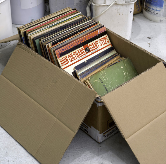 Box of records from Whitten's personal collection in his Queens studio, 2024