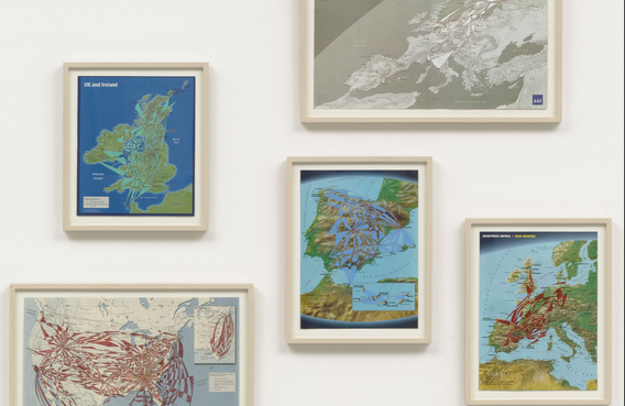 Mona Hatoum. Routes II. 2002. Colored ink and gouache on five maps, installation: 35 1/2 × 42 × 1″ (90.2 × 106.7 × 2.5 cm). The Judith Rothschild Foundation Contemporary Drawings Collection Gift. © 2013 Mona Hatoum