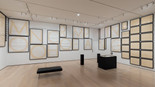 Installation view of Gallery 414: Stephen Prina, The Museum of Modern Art, New York, March 1, 2025–ongoing. Photo: Jonathan Dorado. Digital image © 2025 The Museum of Modern Art, New York. Shown: Stephen Prina. _Untitled/“The history of modern painting, to label it with a phrase, has been the struggle against the catalogue”_—Barnett Newman/(Monochrome Painting, 1988–1989). 1991. Ink wash on rag, barrier paper, and cardboard, 67 parts. The Museum of Modern Art, New York. Committee on Drawings Funds, 2014. © 2025 Stephen Prina