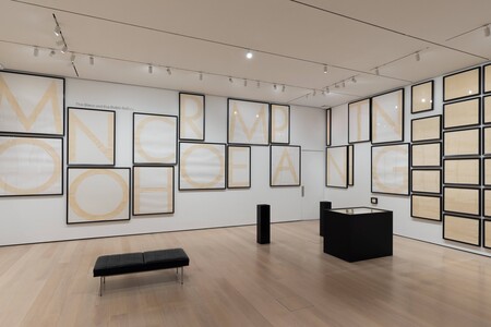Installation view of Gallery 414: Stephen Prina, The Museum of Modern Art, New York, March 1, 2025–ongoing. Photo: Jonathan Dorado. Digital image © 2025 The Museum of Modern Art, New York. Shown: Stephen Prina. _Untitled/“The history of modern painting, to label it with a phrase, has been the struggle against the catalogue”_—Barnett Newman/(Monochrome Painting, 1988–1989). 1991. Ink wash on rag, barrier paper, and cardboard, 67 parts. The Museum of Modern Art, New York. Committee on Drawings Funds, 2014. © 2025 Stephen Prina