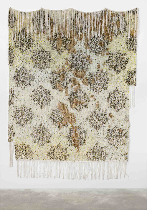 Igshaan Adams. Vroeglig by die Voordeur (Early Light at the Front Door). 2020. Cotton twine, wood, plastic, and stone beads, wire, turmeric, tea, and fabric dye