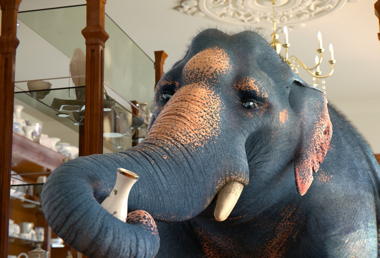 Like an Elephant in a China Shop. 2017. France. Directed by Louise Chevrier, Luka Fischer, Rodolphe Groshens, Marie Guillon, Estelle Martinez, Benoit Paillard, Lisa Rasasombat. Image courtesy ESMA CG School Image description: An enormous elephant holds a small vase in its trunk while standing in the middle of a china shop.