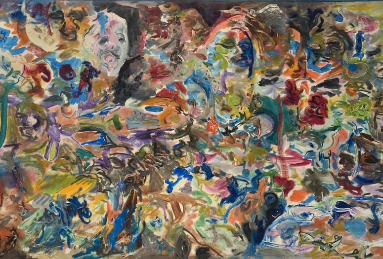 Jack Whitten. Garden in Bessemer II. 1968. Oil on canvas, 91 7/16 × 121 15/16" (232.3 × 309.7 cm). Jack Whitten Estate, courtesy Whitten studio. Image description: Colorful streaks of paint form abstract faces in a painting.