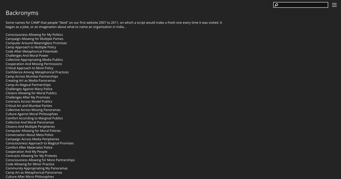 A screenshot from the CAMP website showing a selection of “Backnomyms” generated between 2007 and 2011