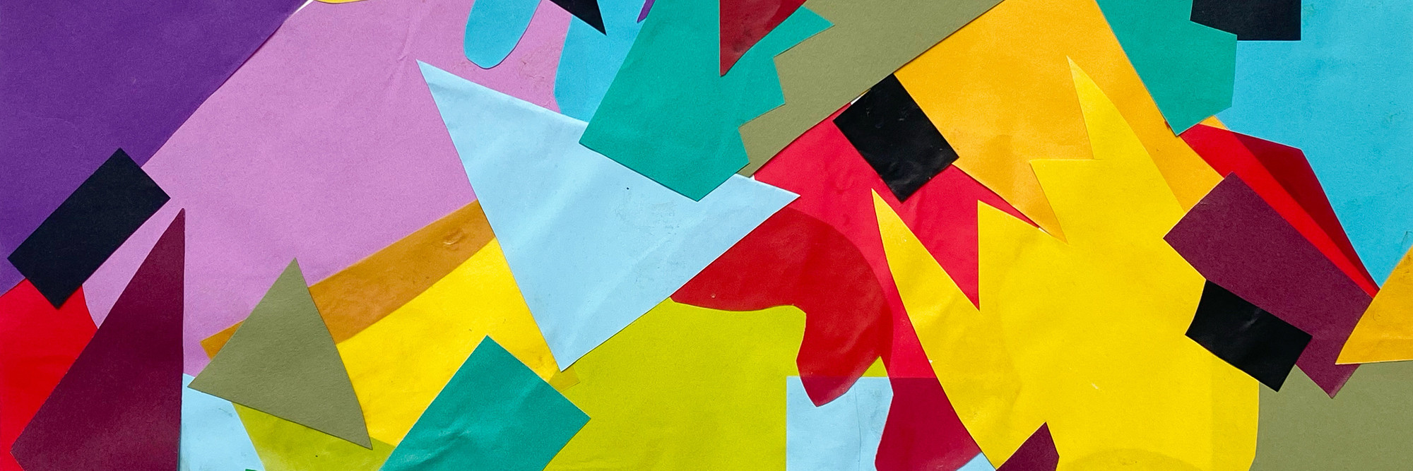 Artwork by Devon Kennedy. Image description: A colorful collage with overlapping cut paper shapes that extend to the edges of the composition.