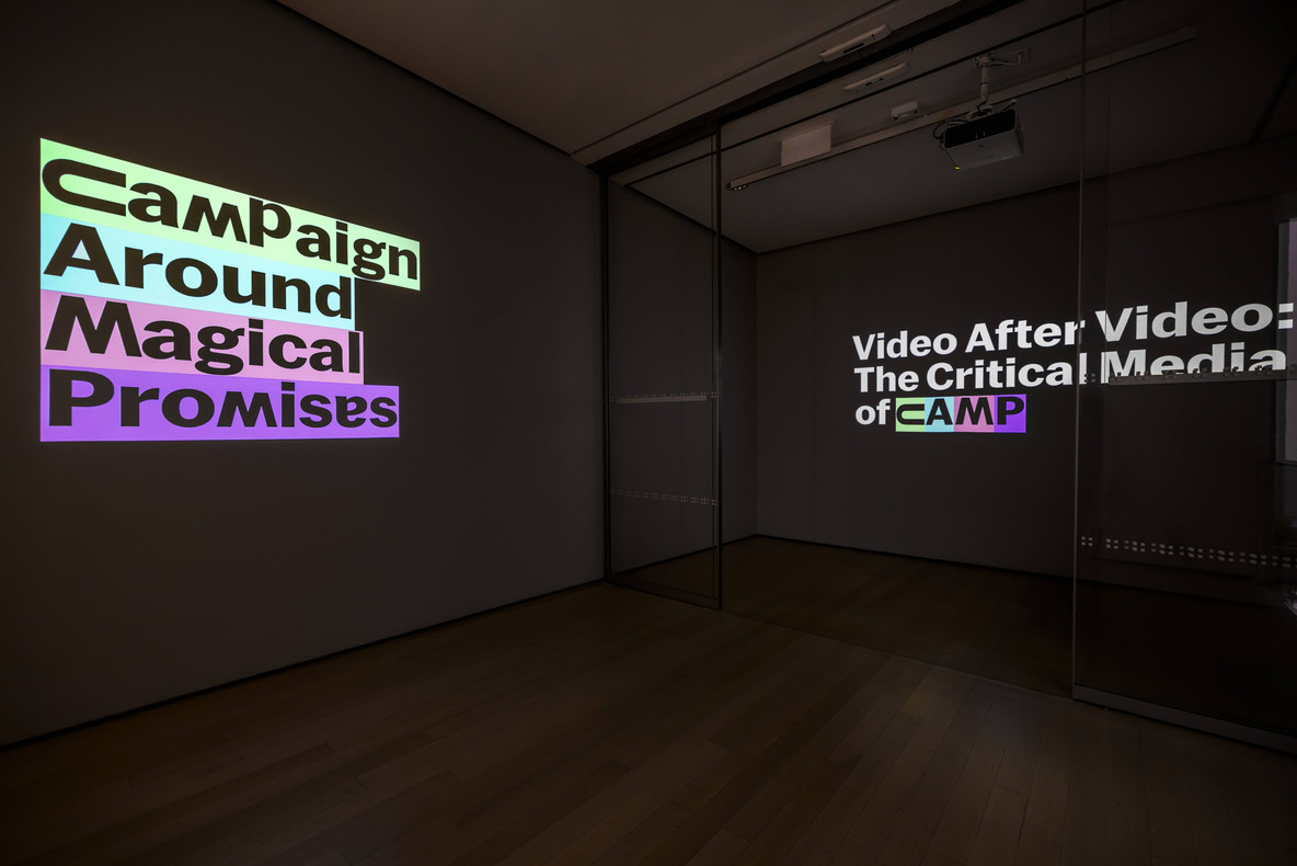 Installation view of “Backnomyms” at the entrance to Video After Video: The Critical Media of CAMP
