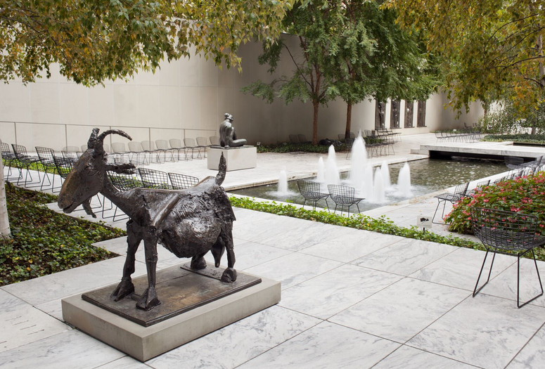 Installation view of the exhibition Figure in the Garden. Shown: Pablo Picasso. She-Goat. 1950 (cast 1952). Bronze. The Mjuseum of Modern Art, New York. Mrs. Simon Guggenheim Fund. © 2025 Estate of Pablo Picasso/Artists Rights Society (ARS), New York. Photo: Thomas Griesel