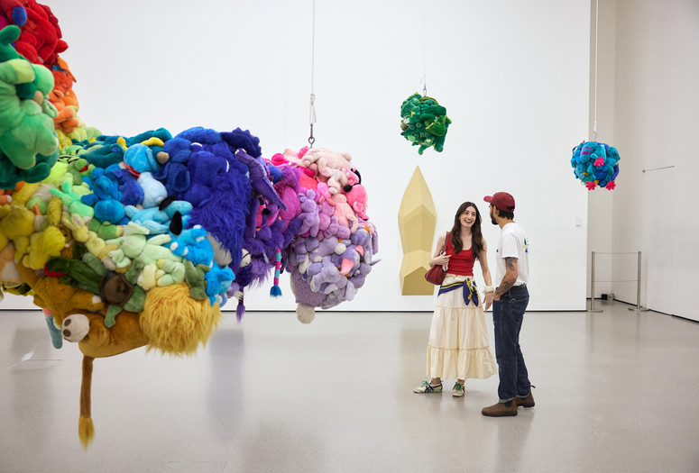 Image: Mike Kelley. Deodorized Central Mass with Satellites. 1991/1999. Plush toys sewn over wood and wire frames with styrofoam packing material, nylon rope, pulleys, steel hardware and hanging plates, fiberglass, car paint, and disinfectant. The Museum of Modern Art, New York. Partial gift of Peter M. Brant, courtesy the Brant Foundation, Inc. and gift of The Sidney and Harriet Janis Collection (by exchange), Mary Sisler Bequest (by exchange), Mr. and Mrs. Eli Wallach (by exchange), The Jill and Peter Kraus Endowed Fund for Contemporary Acquisitions, Anne and Joel Ehrenkranz, Mimi Haas, Ninah and Michael Lynne, and Maja Oeri and Hans Bodenmann. Photo: Alycia Kravitz