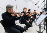 Stephen Prina. String Quartet for Six Players. 1976. Performed at JUBG, December 2023. Photo: Alexander Eckhardt. © Stephen Prina. Courtesy the artist, JUBG, Cologne &amp; Galerie Gisela Capitain, Cologne