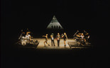 Mike Kelley, Anita Pace, Stephen Prina. Beat of the Traps. 1992. Performed in Expanded Art, Wiener Festwochen, The Remise, Vienna, Austria, 1992. Performers (from left): Jonathan “Butch” Norton, Carl Burkley, Alan Abelew, Stephen Prina, Anita Pace, M.B. Gordy. Photo: Karl Krauss. © Mike Kelley Foundation for the Arts. All Rights Reserved/VAGA at ARS, NY.⁠, Anita Pace, Stephen Prina