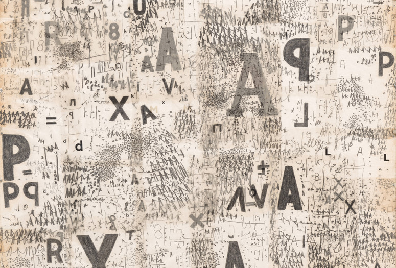 Mira Schendel. Untitled from Graphic Objects (Objetos gráficos). 1967. Graphite, transfer type, and oil on paper between transparent acrylic sheets with transfer type. The Museum of Modern Art, New York. Gift of Patricia Phelps de Cisneros through the Latin American and Caribbean Fund in honor of Luis Pérez-Oramas. © 2025 Estate of Mira Schendel. Image description: Alphabet letters of different fonts and sizes spill across the square cream-colored paper, covering the entire surface of the page. Some letters are backwards and some repeat in rows. There are mathematical symbols and geometric shapes scattered around. Scribbles and scratches are drawn in between the letters, creating small patterns throughout the composition.