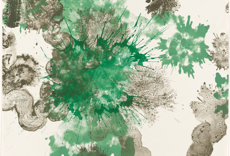 Ruth Asawa. Spring. 1965. Lithograph. The Museum of Modern Art, New York. Gift of Kleiner, Bell &amp; Co. © Estate of Ruth Asawa. Image description: black and grassy green, watery ink splats and splashes across a horizontally oriented, cream-colored paper