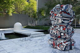 Installation view of the exhibition Oasis in the City, July 3, 2025 - May, 2026. The Museum of Modern Art, New York. Digital Image ©️ 2025 The Museum of Modern Art, New York. Photo by Jonathan Dorado. Shown: Jean Dubuffet. Study for Tower with Figures. 1968. Polyurethane paint on epoxy. Gift of Mr. and Mrs. M. Riklis. ©️ 2025 Artists Rights Society (ARS), New York / ADAGP, Paris; Robert Breer. Osaka I. 1970. Fiberglass shell, steel frame, battery-driven motor, and rubber-tire wheels. Gift of PepsiCo, Inc.