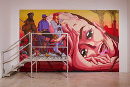 Julien Ceccaldi. A Collection of Little Memories. 2025. Acrylic on wall panels with aluminum stair. Photo: Steven Paneccasio