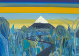 Matthew Wong. Unknown Pleasures. 2019. Oil on Canvas. The Museum of Modern Art, New York. Gift of Monita and Raymond Wong in memory of their son Matthew Wong. © 2025 Matthew Wong Foundation/Artists Rights Society (ARS), New York. Image description: A snow-capped mountain in the distance is surrounded by bright blue-green plants.