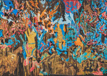 Mark Bradford. Jungle Jungle. 2021. Torn-and-pasted paper and string on canvas. The Museum of Modern Art, New York. Gift of Kenneth C. Griffin. Image description: Abstract oil painting with vibrant splashes of blue, orange, and pink on a textured surface. Earthy browns and yellows add depth and contrast throughout the scene.