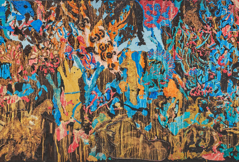 Mark Bradford. Jungle Jungle. 2021. Torn-and-pasted paper and string on canvas. The Museum of Modern Art, New York. Gift of Kenneth C. Griffin. Image description: Abstract oil painting with vibrant splashes of blue, orange, and pink on a textured surface. Earthy browns and yellows add depth and contrast throughout the scene.