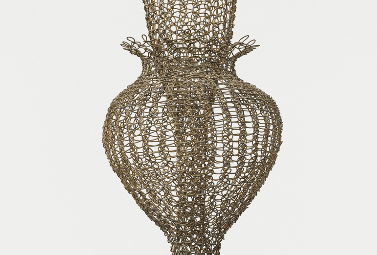 Photo credit: Ruth Asawa. Untitled (S.398, Hanging Eight-Lobed, Four-Part, Discontinuous Surface Form within a Form with Spheres in the Seventh and Eighth Lobes) (detail). c. 1955. Brass, galvanized steel, and steel wire. The Museum of Modern Art, New York. Promised gift of Alice and Tom Tisch. © 2025 Ruth Asawa Lanier, Inc. Courtesy David Zwirner