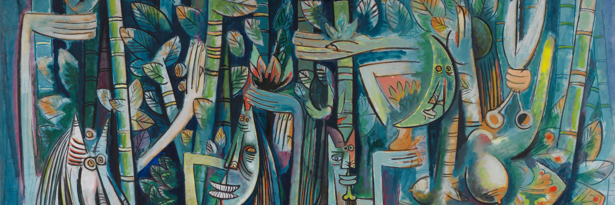 Wifredo Lam. La jungla (The Jungle). 1942–43. Oil and charcoal on paper mounted on canvas, 7' 10 1/4 " × 7' 6 1/2" (239.4 × 229.9 cm). The Museum of Modern Art, New York. Inter-American Fund. © 2025 Artists Rights Society (ARS), New York/ADAGP, Paris