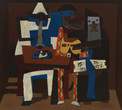 Pablo Picasso. Three Musicians. Fontainebleau, summer 1921. Oil on canvas, 6' 7" x 7' 3 3/4" (200.7 x 222.9 cm). Mrs. Simon Guggenheim Fund. © 2025 Estate of Pablo Picasso / Artists Rights Society (ARS), New York
