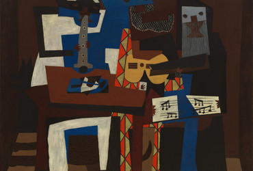 Pablo Picasso. Three Musicians. Fontainebleau, summer 1921. Oil on canvas, 6' 7" x 7' 3 3/4" (200.7 x 222.9 cm). Mrs. Simon Guggenheim Fund. © 2025 Estate of Pablo Picasso / Artists Rights Society (ARS), New York