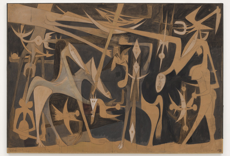 Image credit: Wifredo Lam. Grande Composition. 1949. Oil and charcoal on paper mounted on canvas. The Museum of Modern Art, New York. Acquired in memory of Gustavo Cisneros through the generosity of the Sue and Edgar Wachenheim III Endowment Fund, Mimi Haas, Marlene Hess and James D. Zirin, The Judith Rothschild Foundation Contemporary Drawings Collection Gift (by exchange), Committee on Drawings and Prints Fund, The Werner H. Kramarsky Endowment Fund for Drawings, Marie-Josée and Henry R. Kravis, Sue and Edgar Wachenheim III, Emilio Ambasz, Anne Dias Griffin, Agnes Gund, Richard Roth, Tony Tamer, Candace King Weir, The Dian Woodner Acquisition Endowment Fund, the Frances Keech Fund, Joshua and Filipa Fink, Ann and Graham Gund, Alice and Tom Tisch, the Richard S. Zeisler Fund, Adriana Cisneros de Griffin, Glenn D. and Susan Lowry, and Marnie S. Pillsbury (as of September 2025). © Wifredo Lam Estate, Adagp, Paris/ARS, New York 2025