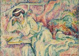 Lucie Cousturier. Woman Reading. 1907. Oil on canvas. The Museum of Modern Art, New York. Gift of the E. &amp; A. Silberman Galleries. Image description: In an oil painting, a person reclines on a multicolored, patterned sofa, reading a book. The painting features predominant pastel shades of pink, blue, and green.