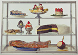 Claes Oldenburg. Pastry Case, I. 1961–62. Burlap and muslin soaked in plaster, painted with enamel, metal bowls, and ceramic plates in glass-and-metal case. The Museum of Modern Art, New York. The Sidney and Harriet Janis Collection. © 2025 Claes Oldenburg Image description: A display case features painted plaster sculptures of desserts on silver stands and plates. Predominant colors are red, white, yellow, brown, and blue.